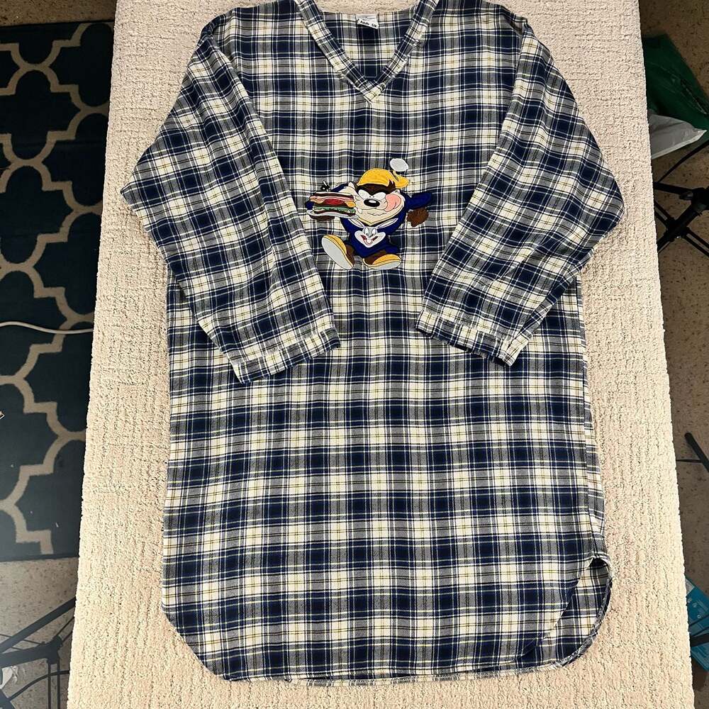 VTG 1998 Warner Bros Studio Store Tasmanian Devil Taz Plaid Flannel Nightgown
